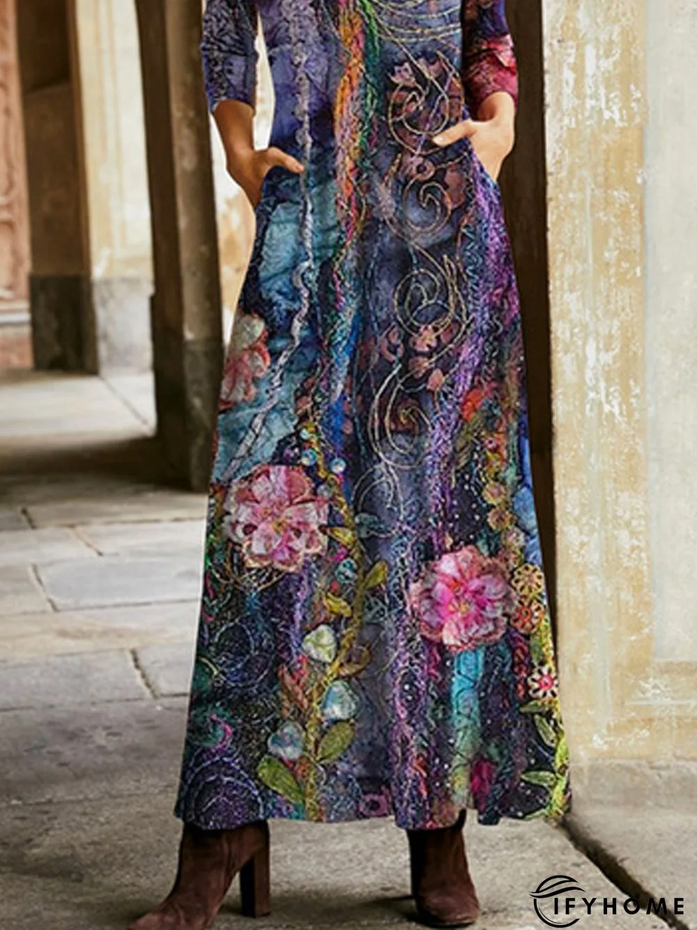 V Neck Floral Knitting Dress | IFYHOME