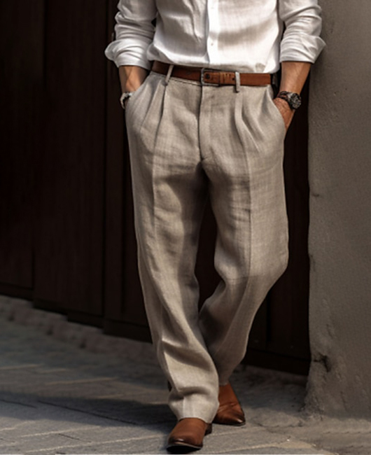 Casual Straight Leg Pockets Solid Linen Pant
