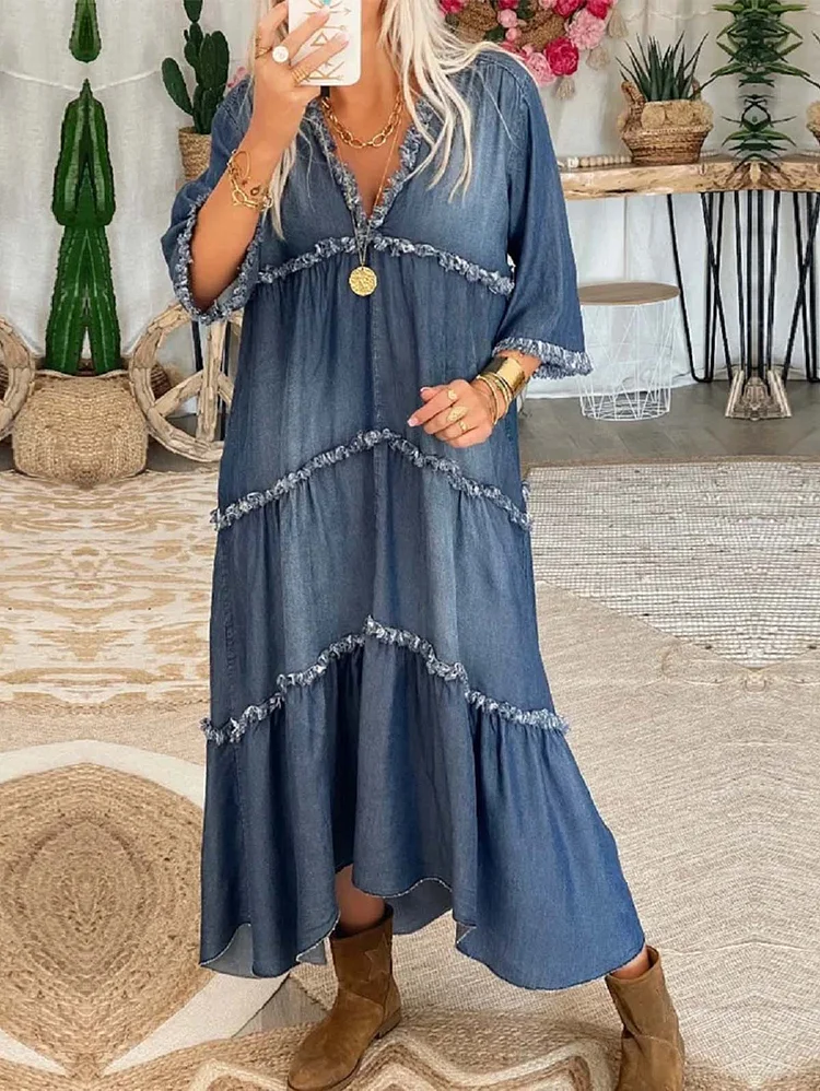 Casual Plain V Neck Light Washed Fringed Hi-Low Denim Dress