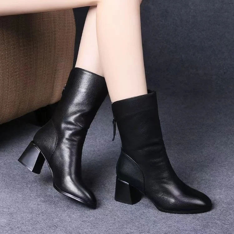 Wongn Wongn Women's Shoes Fashion Classic Versatile Thick Heel Medium Boots Leather Boots High Heel Women's Boots Tide