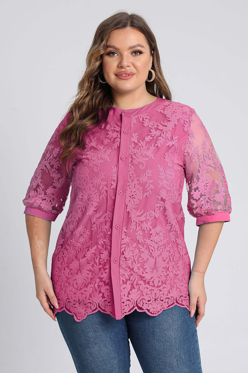 Plus Size Button Up Mesh Sleeve Embroidered Blouse 2024 - Flycurvy 