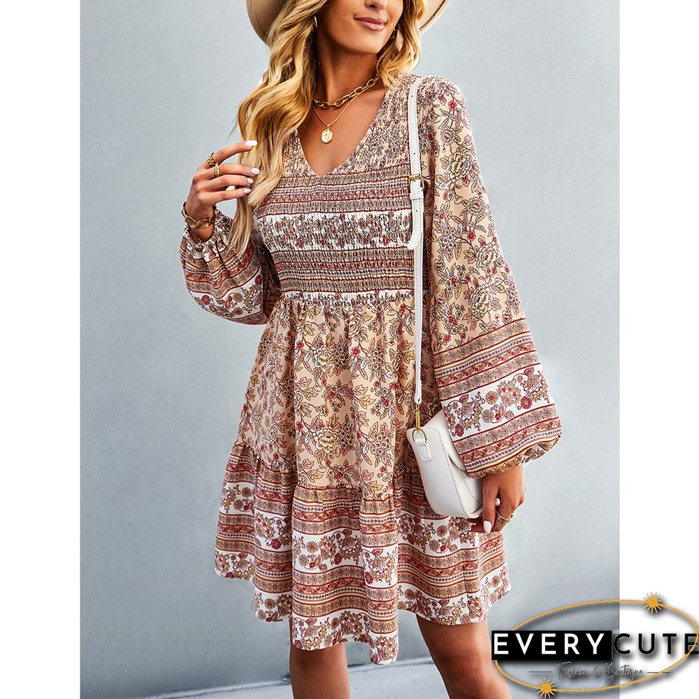 Khaki V Neck Smocked Floral Long Sleeve Boho Dress