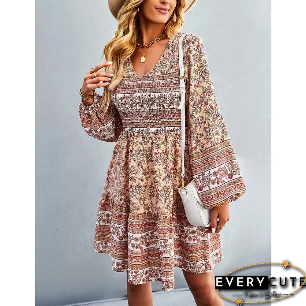 Khaki V Neck Smocked Floral Long Sleeve Boho Dress