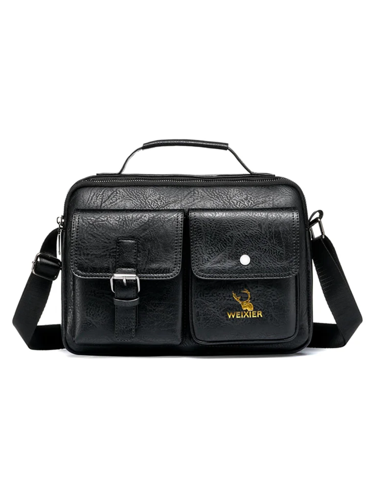 Vintage Men PU Leather Messenger Bag Multi Pockets Small Handbags (Black)