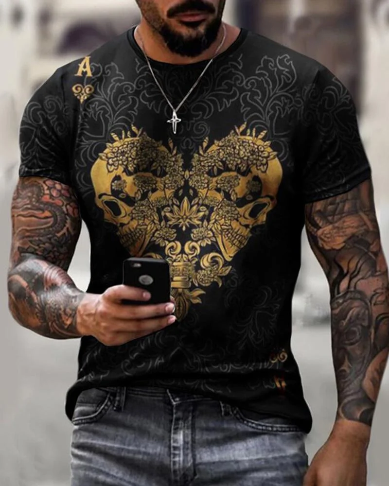 Slim-fit Short-sleeved Black Double Skull Casual T-shirt