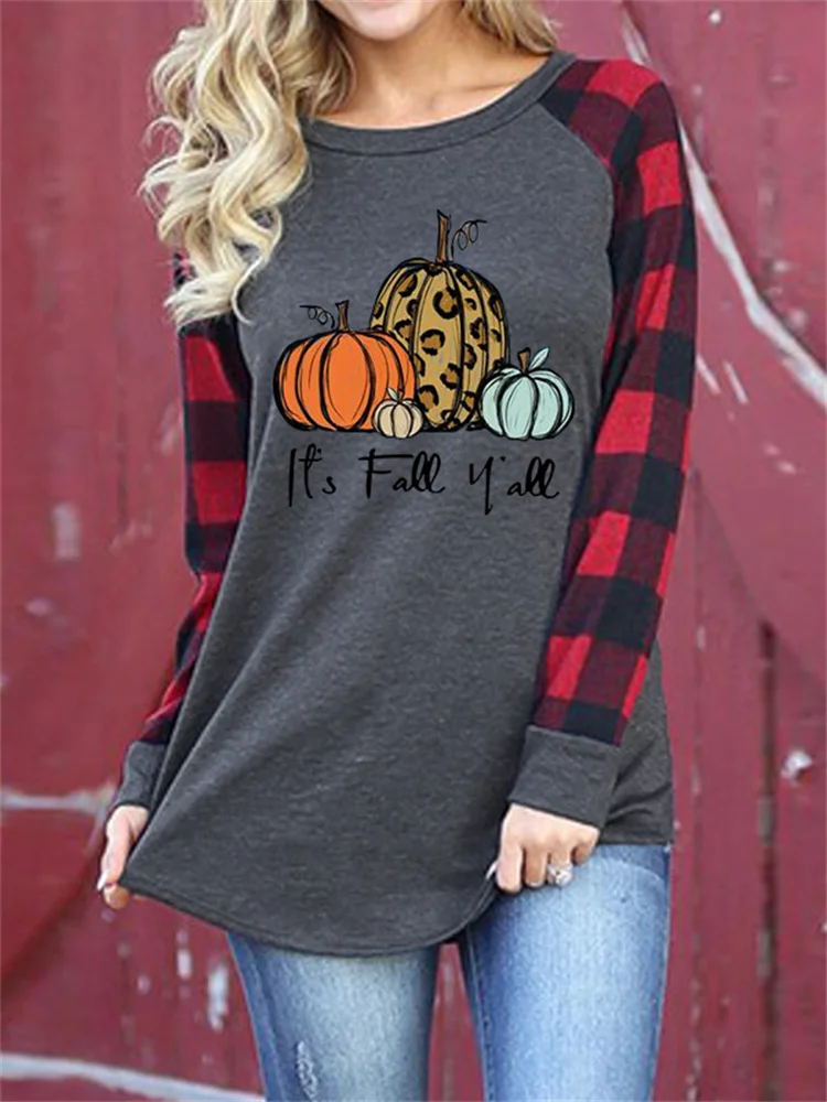 It's Fall Y'all Pumpkins Plaid Patchwork T Shirt