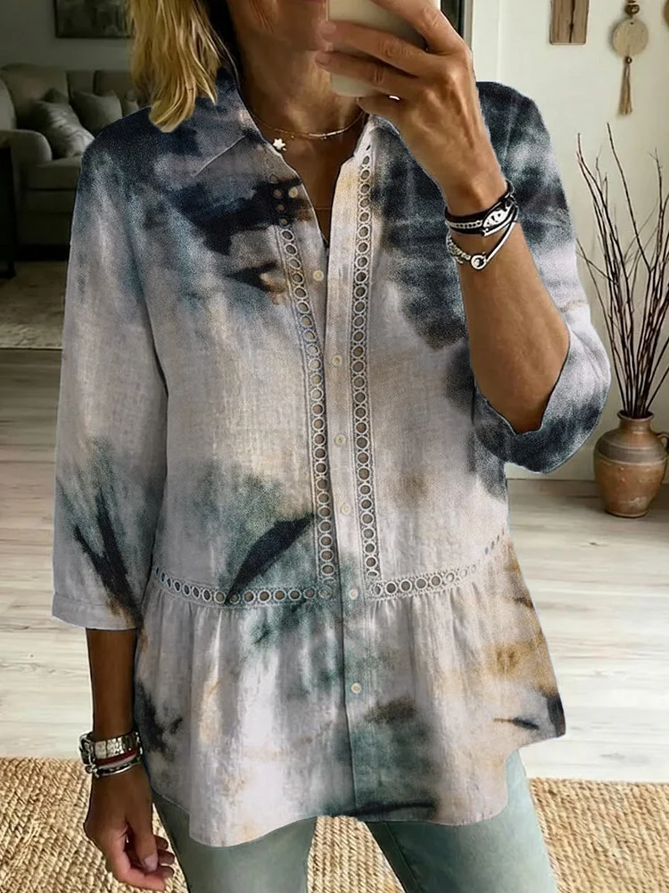 Casual Cotton-linen Shirt With Abstract Art Pattern, Patchwork, Cutouts, And Webbing Trim