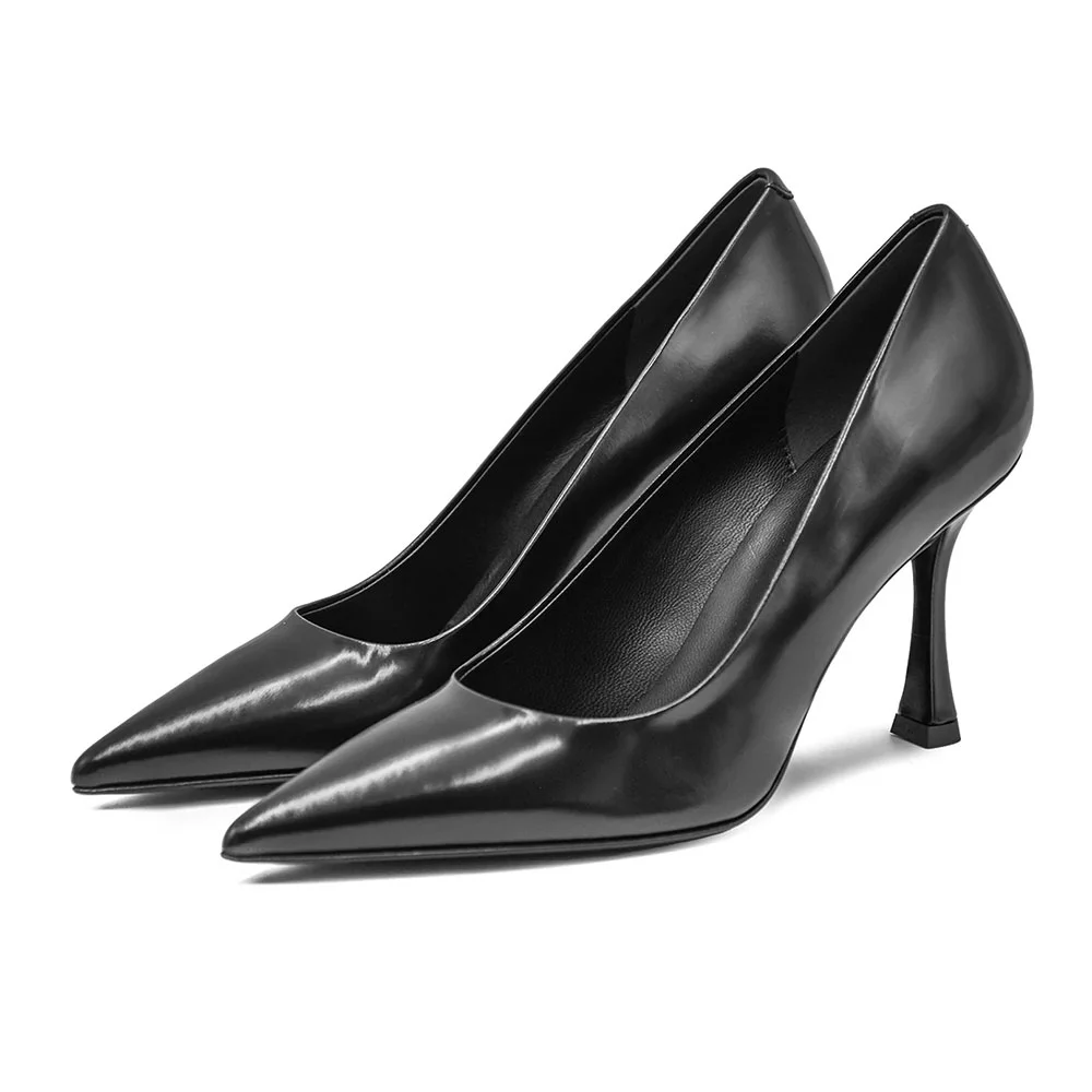 Fashion Black Pointed Toe Spool Heel Slip On Pumps for Women