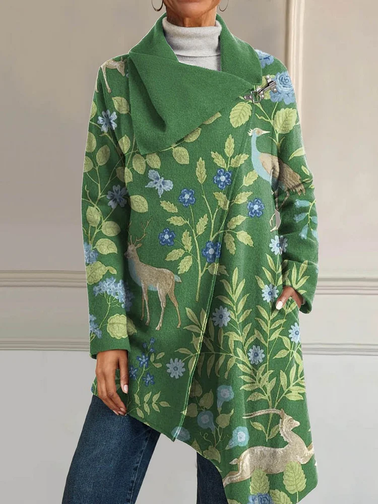 Women's Vintage Lovely Animals Floral Art Print Casual Asymmetrical Coat