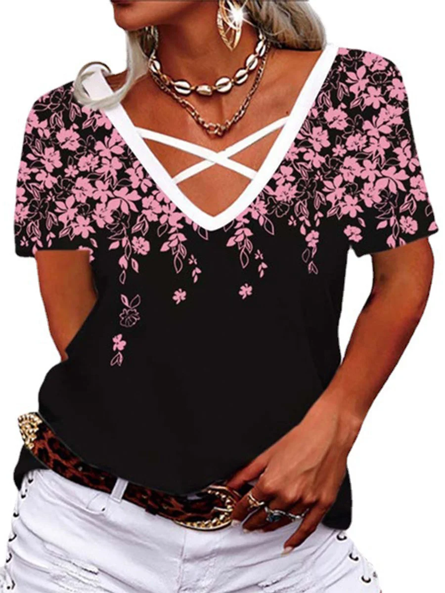Women Short Sleeve V-neck Casual Geometric Floral Printed Top