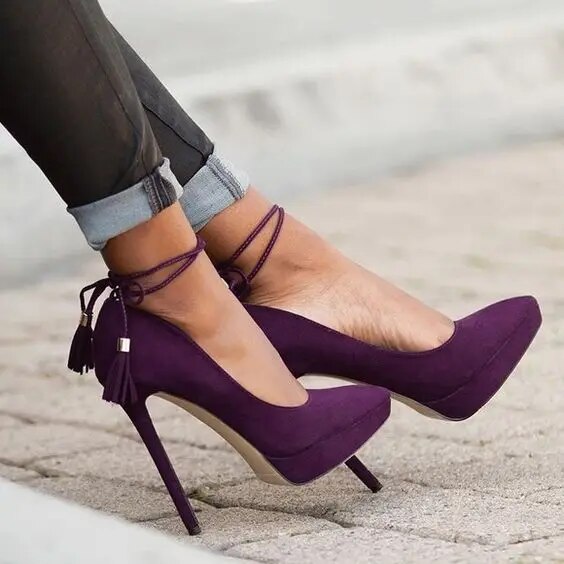 TAAFO Women's Purple Stiletto Heels Pointy Toe Tassels Ankle Strap Pumps