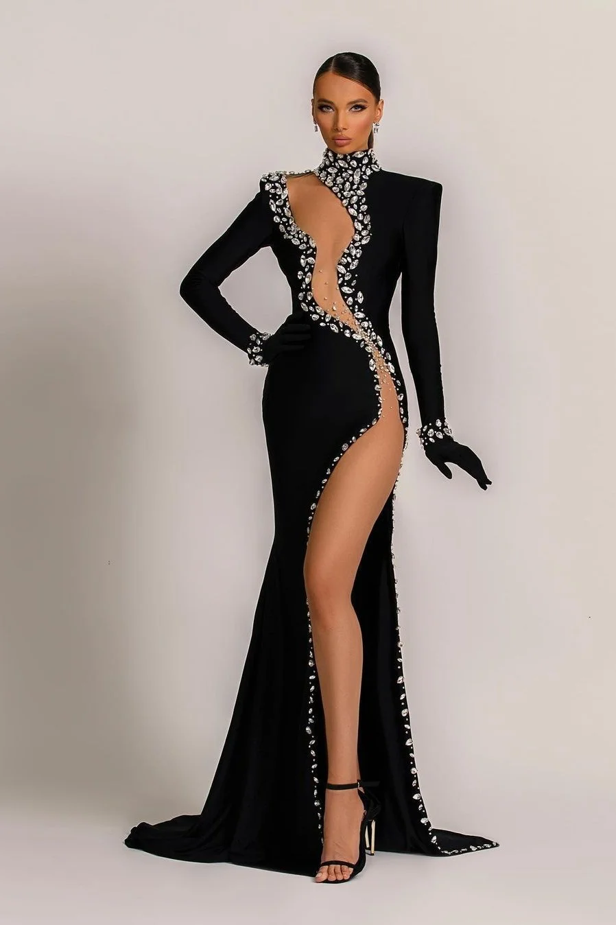 Chic Black Beaded High Neck Long Prom Dress Mermaid With Slit | Ballbellas Ballbellas