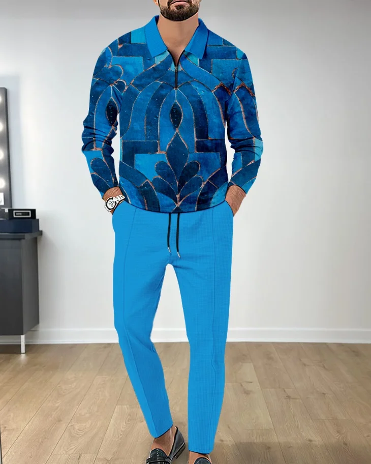 Men's Casual Colorblock Personalized Long Sleeve Polo Shirt Set 130