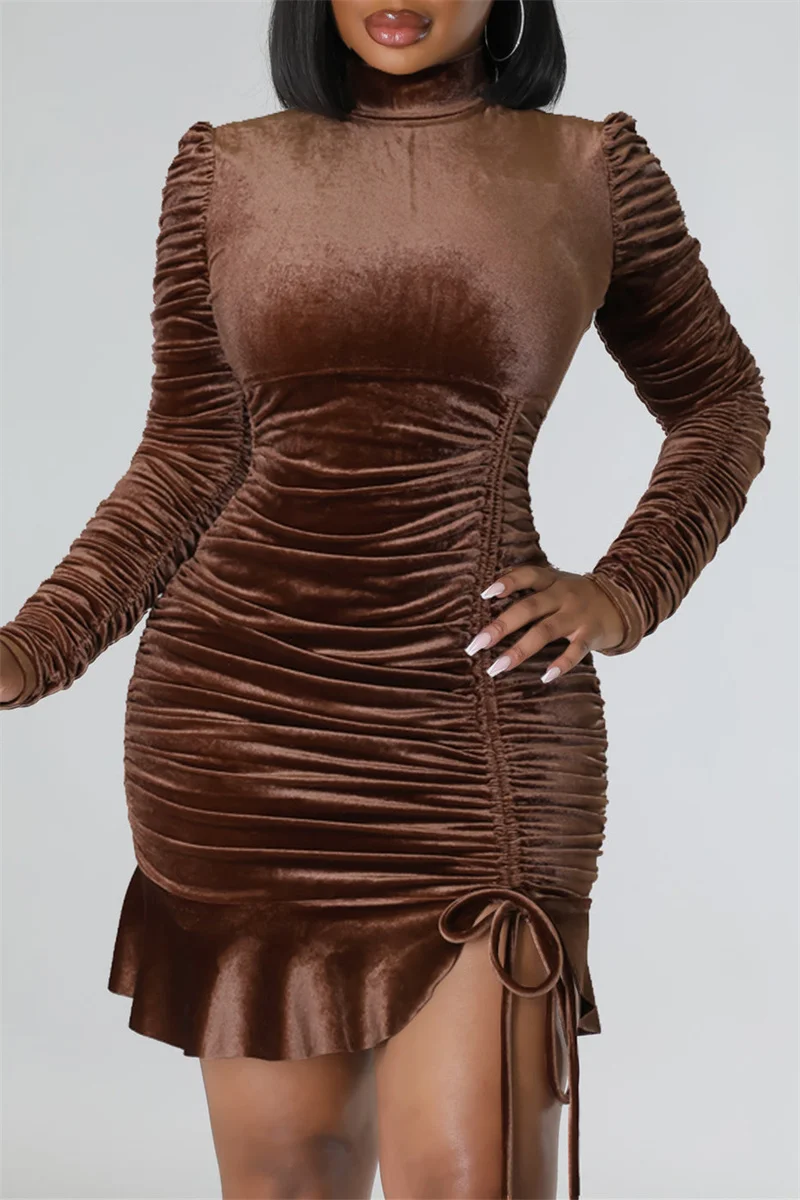 Coffee Sexy Casual Solid Draw String Frenulum Fold Turtleneck Long Sleeve Dresses