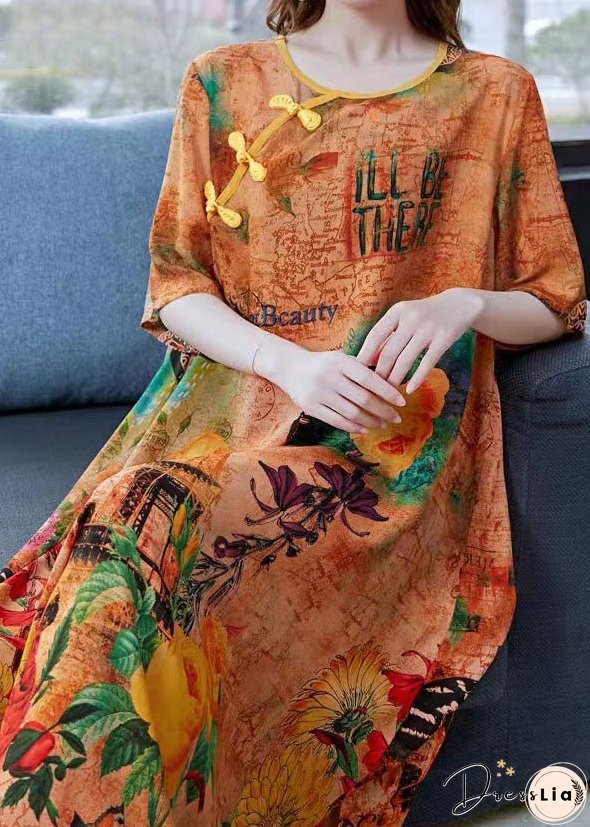 Women Yellow Print Chinese Button Patchwork Silk Dress Summer
