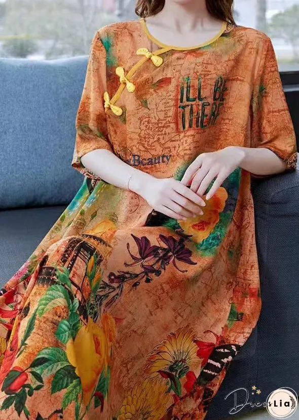 Women Yellow Print Chinese Button Patchwork Silk Dress Summer