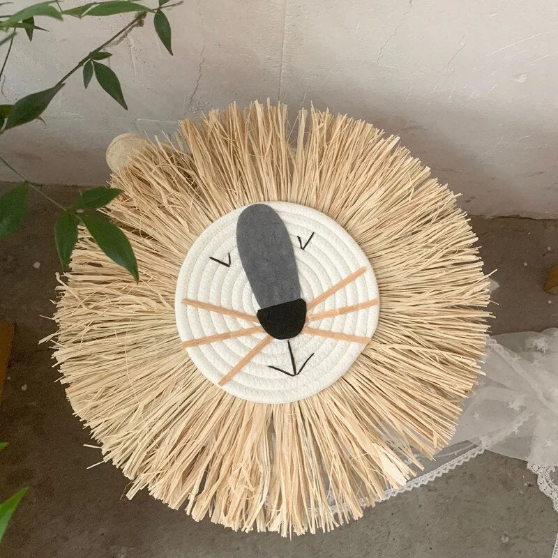 INS Noridc Hand Woven Straw Lion Tiger Wall Hanging Decor Cartoon Animal Ornaments For Baby Bed Kids Room Decoration Photo Props