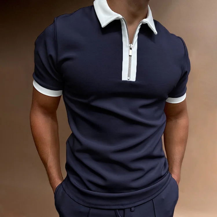 BrosWear Men's Fashion Contrast Color Zipper Collar Polo Shirt