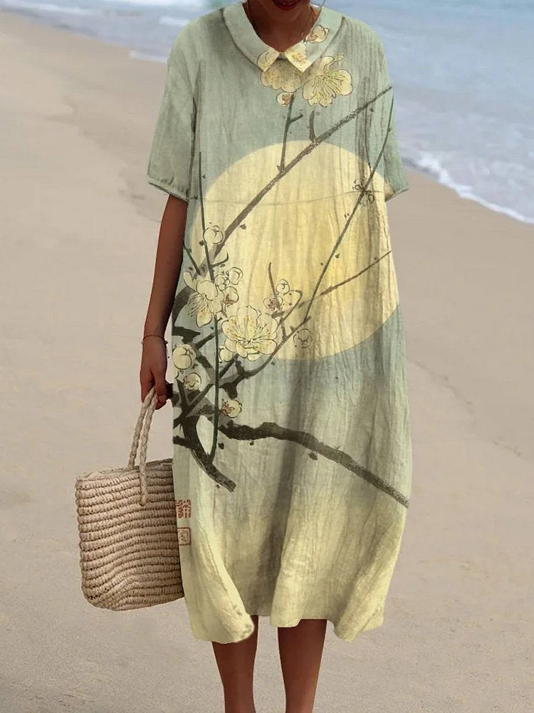 Women's Plum Blossom Moon Print Pocket Linen Dress（Convertible Dress With Front And Back Option）