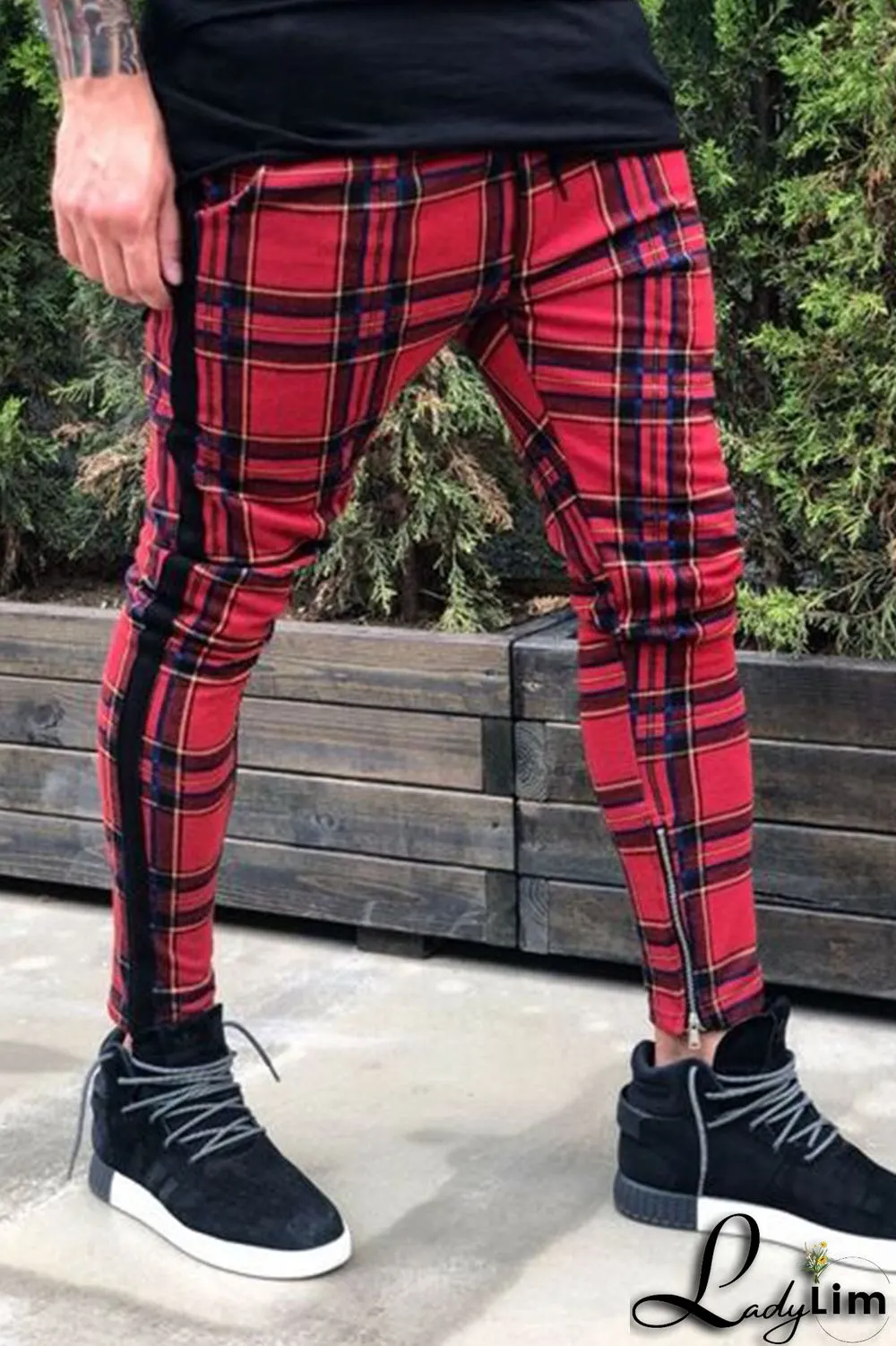 Red Fashion Casual Plaid Split Joint Mid Waist Pencil Bottoms