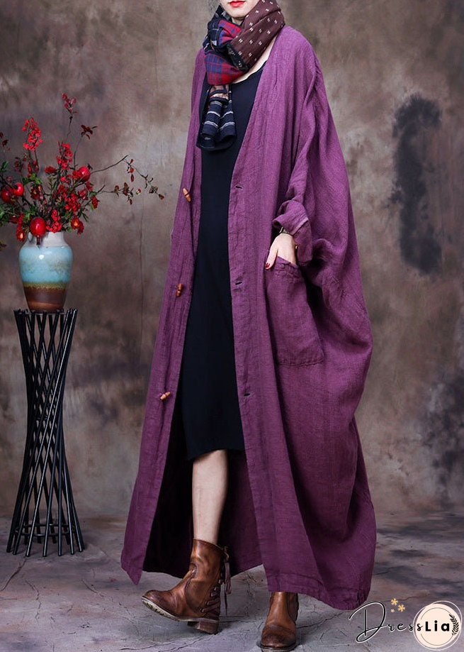Plus Size Purple V Neck Floral Linen Coat Outwear Long Sleeve