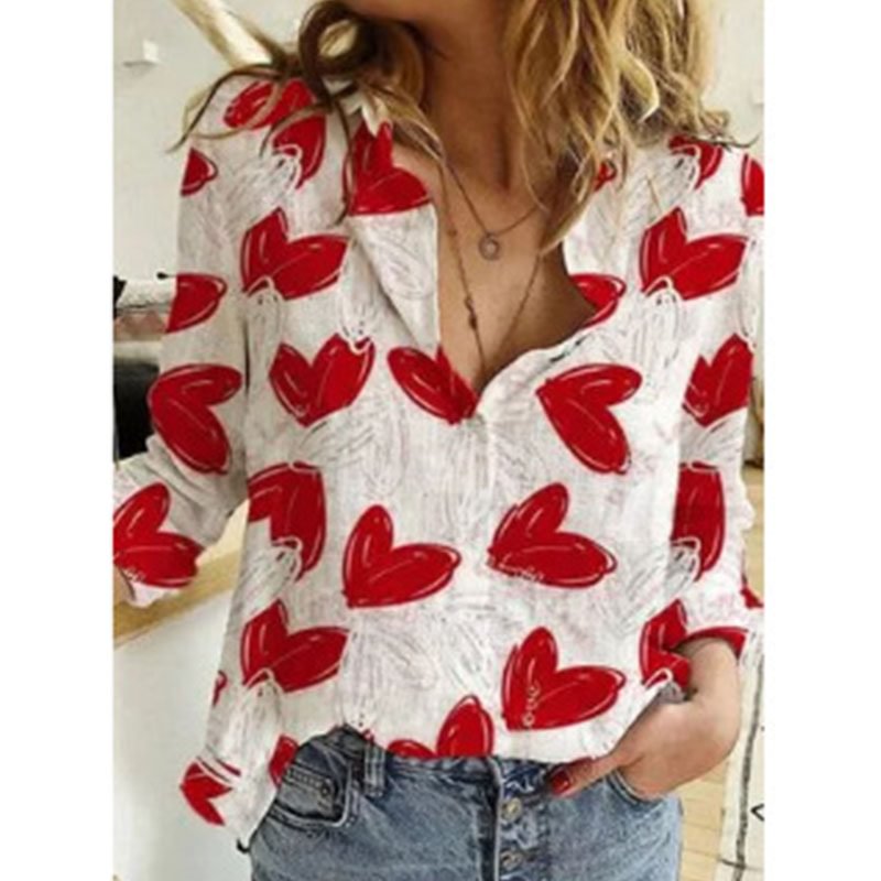 Casual Heart-Shaped Lapel Printed Blouse