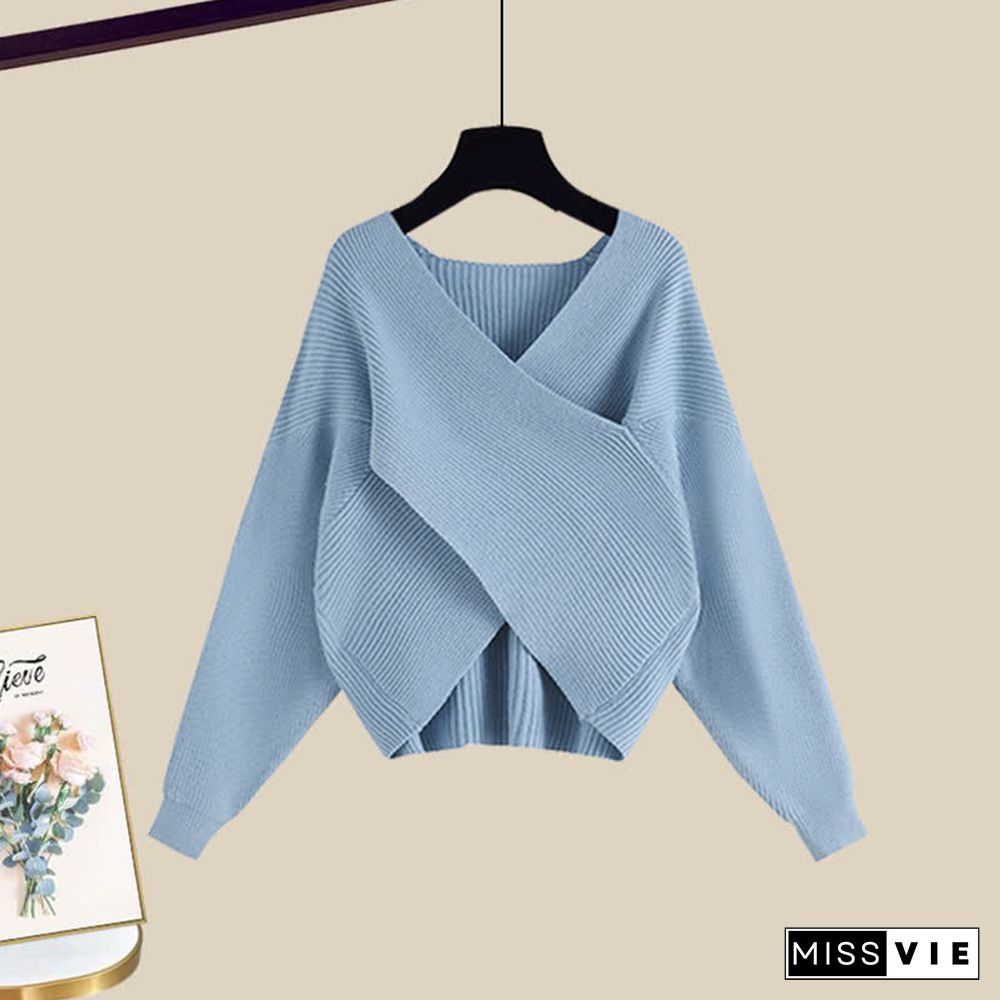 Fashion Cross Knit Sweater A-line Slip Dress