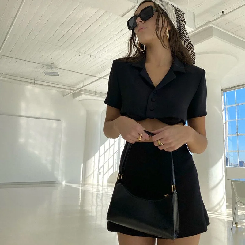 Women 2 Piece Set Single Breasted Short Sleeve Blazer Jacket Suit+High Waisted Mini Skirts 2021 Summer Nightclub Elegant Outfits