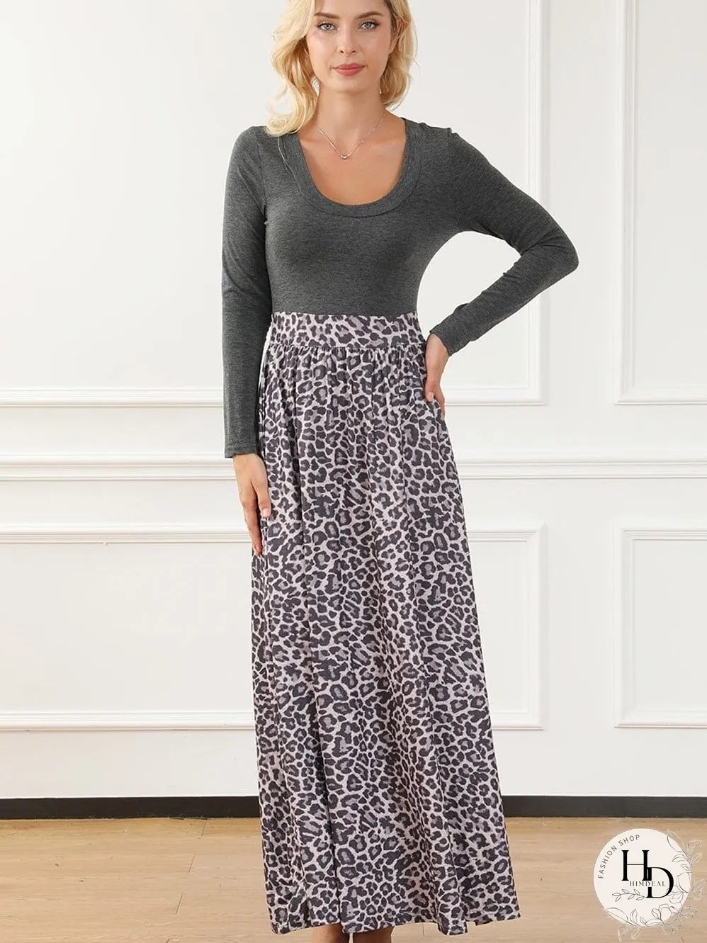 Leopard Print Maxi Dress with Fitted Bodice and Long Sleeves