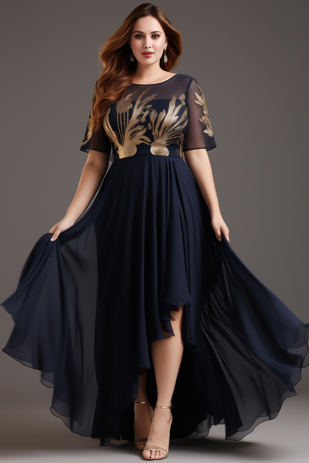 Flycurvy Plus Size Formal Navy Blue Chiffon Embroidery Irregular Hem Maxi Dress