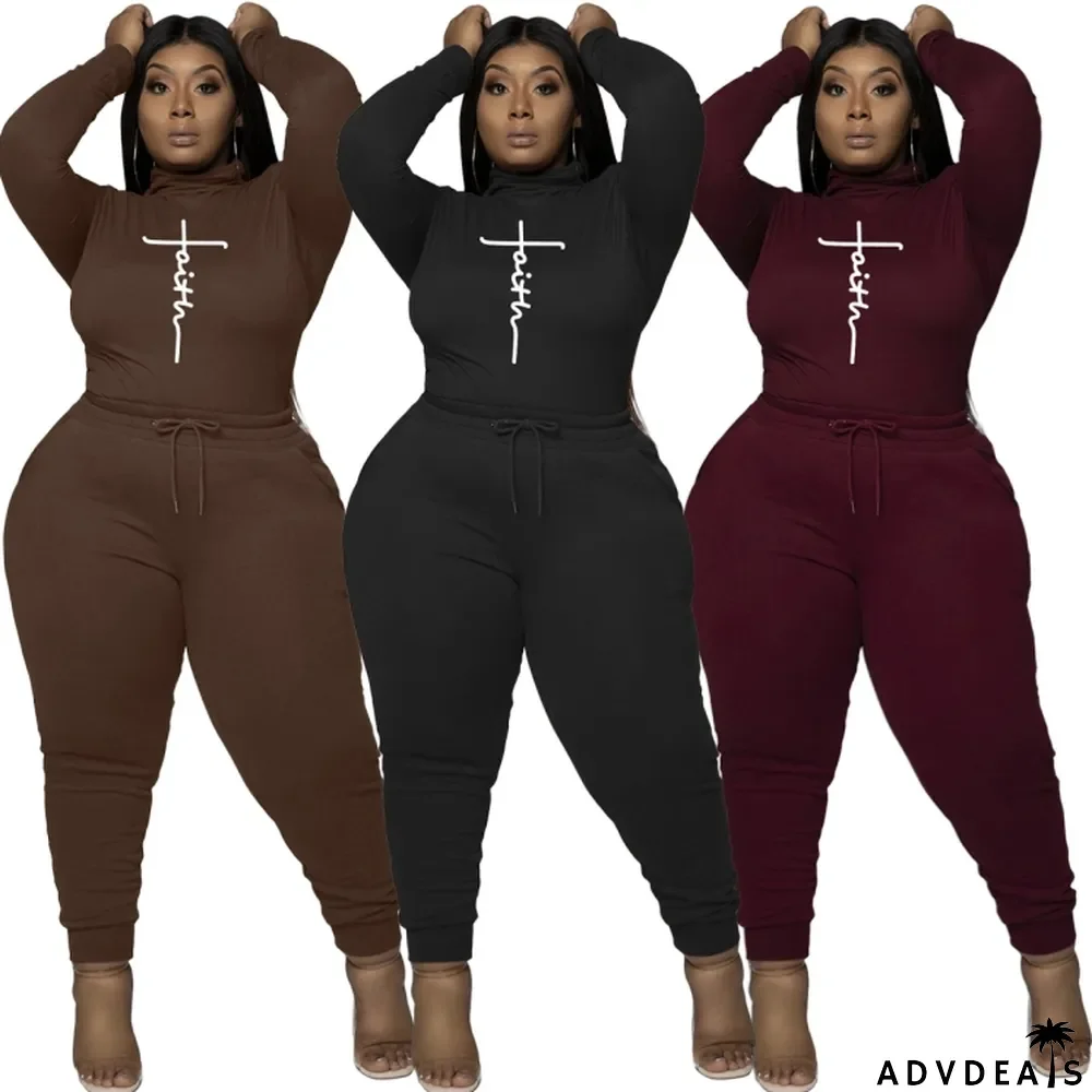 Winter Brown Print Turtleneck Shirt and Pants Plus Size Two Piece Set