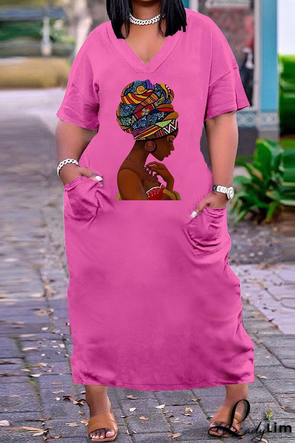 Black White Fashion Casual Plus Size Print Basic V Neck Short Sleeve Dress