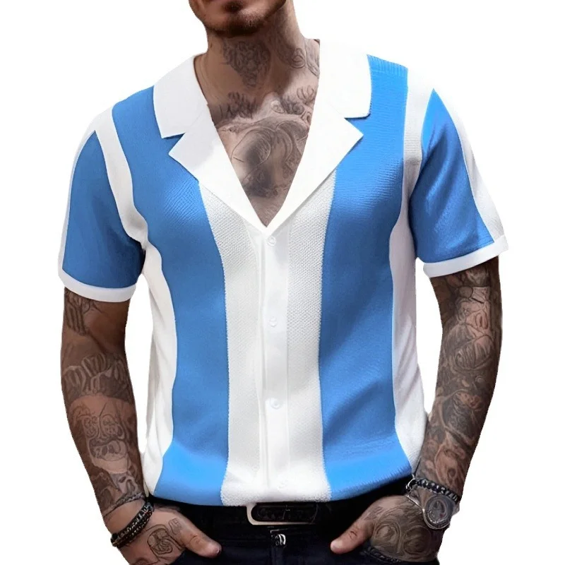 Uveng Uveng And South Korea New Men's Clothing Summer Temperament Shirt Collar Knitted Shirt Splicing Color Business POLO Shirt Men SY0108