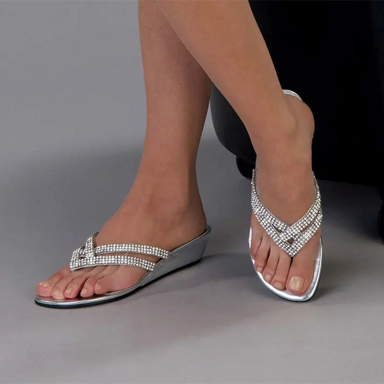 Silver Rhinestone Flip Flops Open Toe Wedge Thong Sandals |FSJ Shoes
