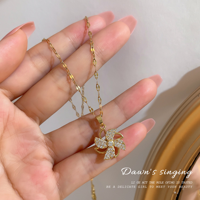Rotating Windmill Hollow Full Diamond Gorgeous Full Diamond Necklace Women’S Versatile Clavicle Chain Titanium Steel