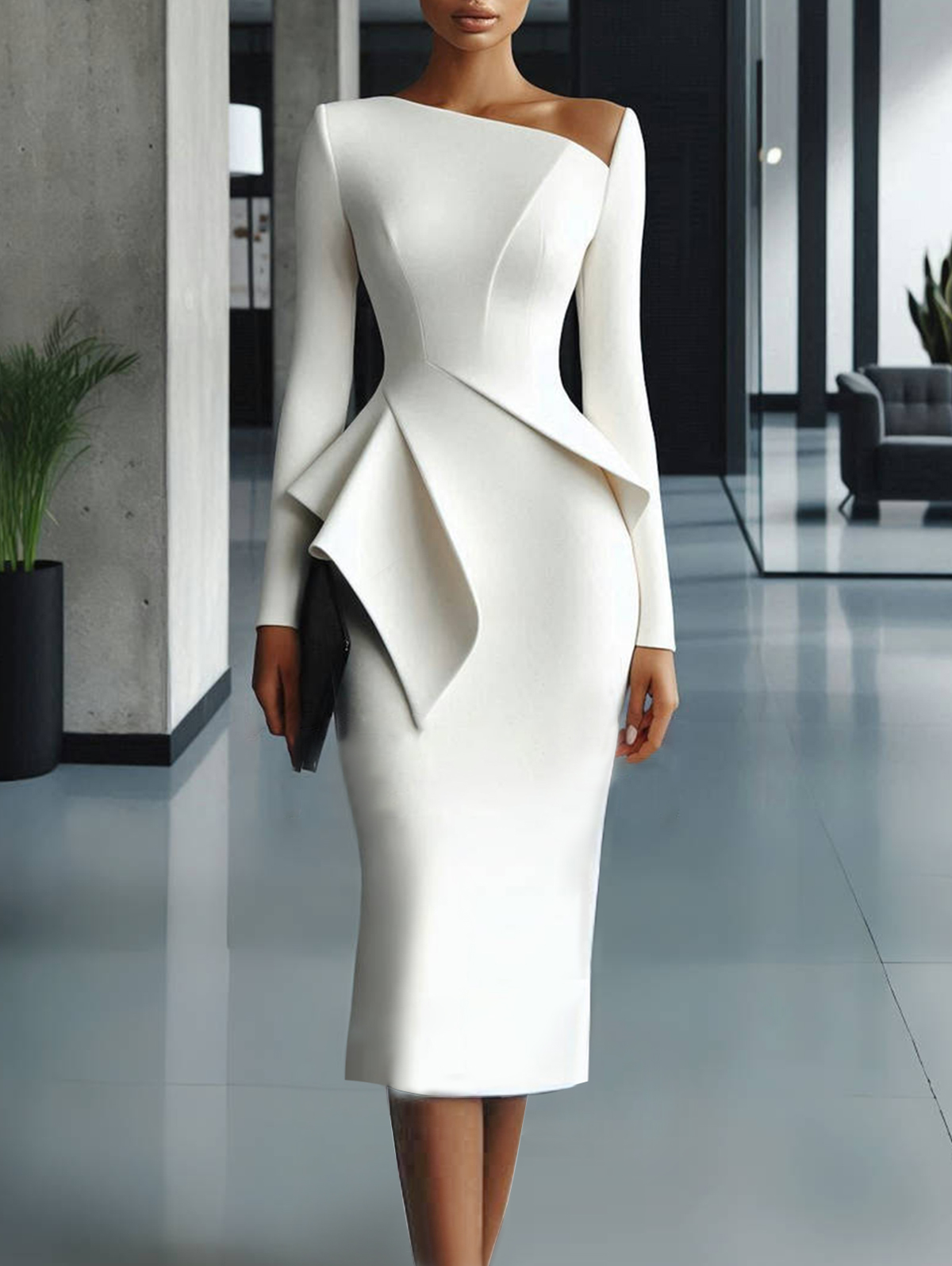 Ursime Formal Layered Skew Neck Long Sleeve Midi Dress