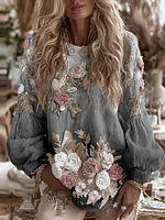 Women's Vintage Romantic White Rose Embroidery Art Comfy Linen Long Sleeve Shirt - Image 6