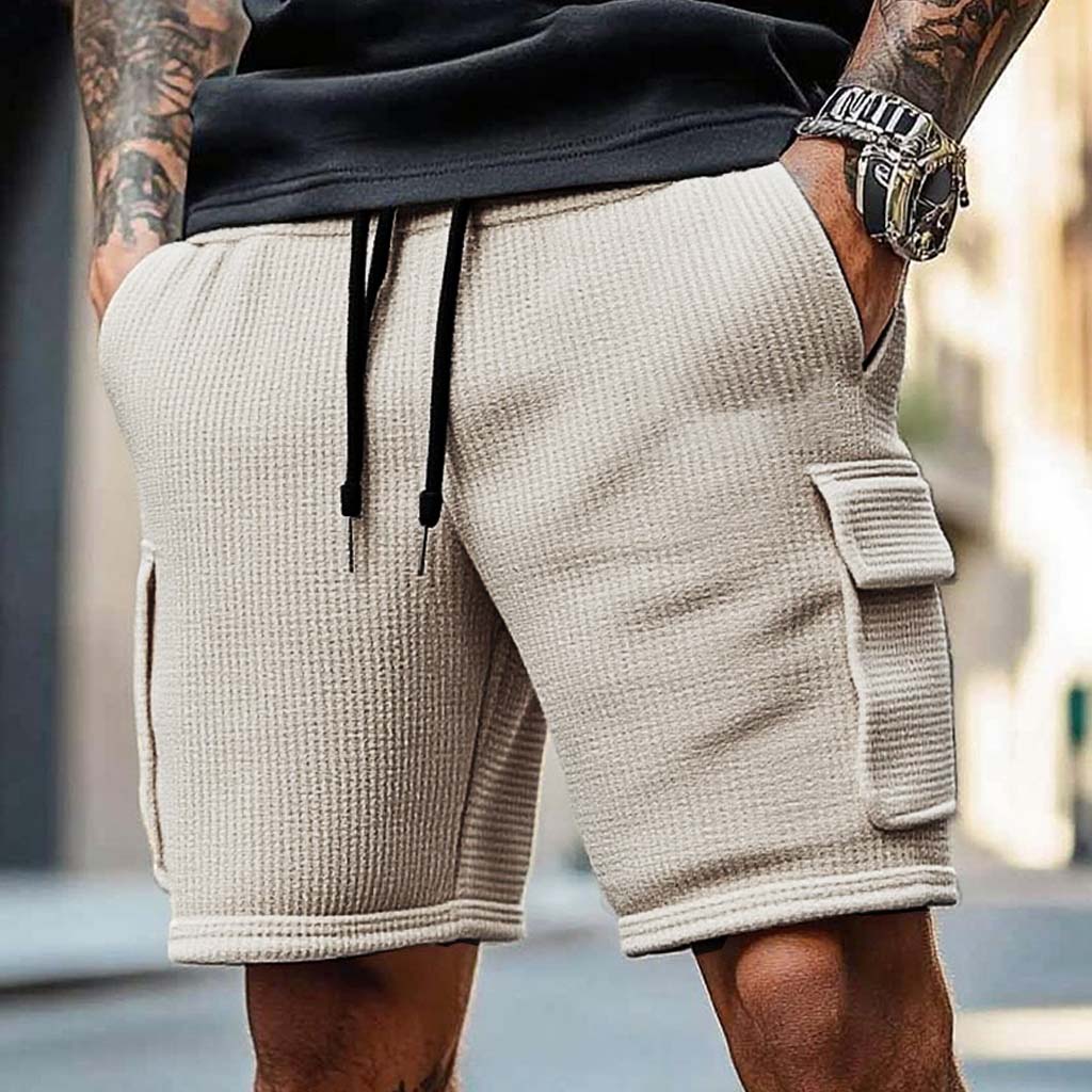 Men's Vintage Waffle Knit Multi-Pocket Casual Surf Elastic Drawstring Cargo Shorts
