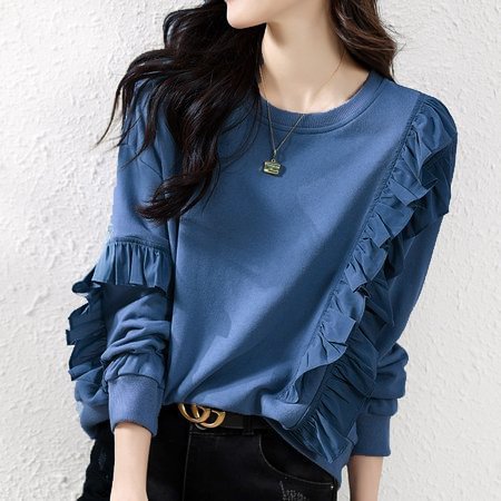 Blue Shift Long Sleeve Ruffled Sweatshirt QueenFunky