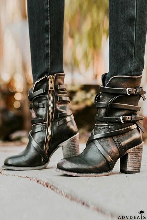 Vintage Buckle Zipper Mid-Calf Boots