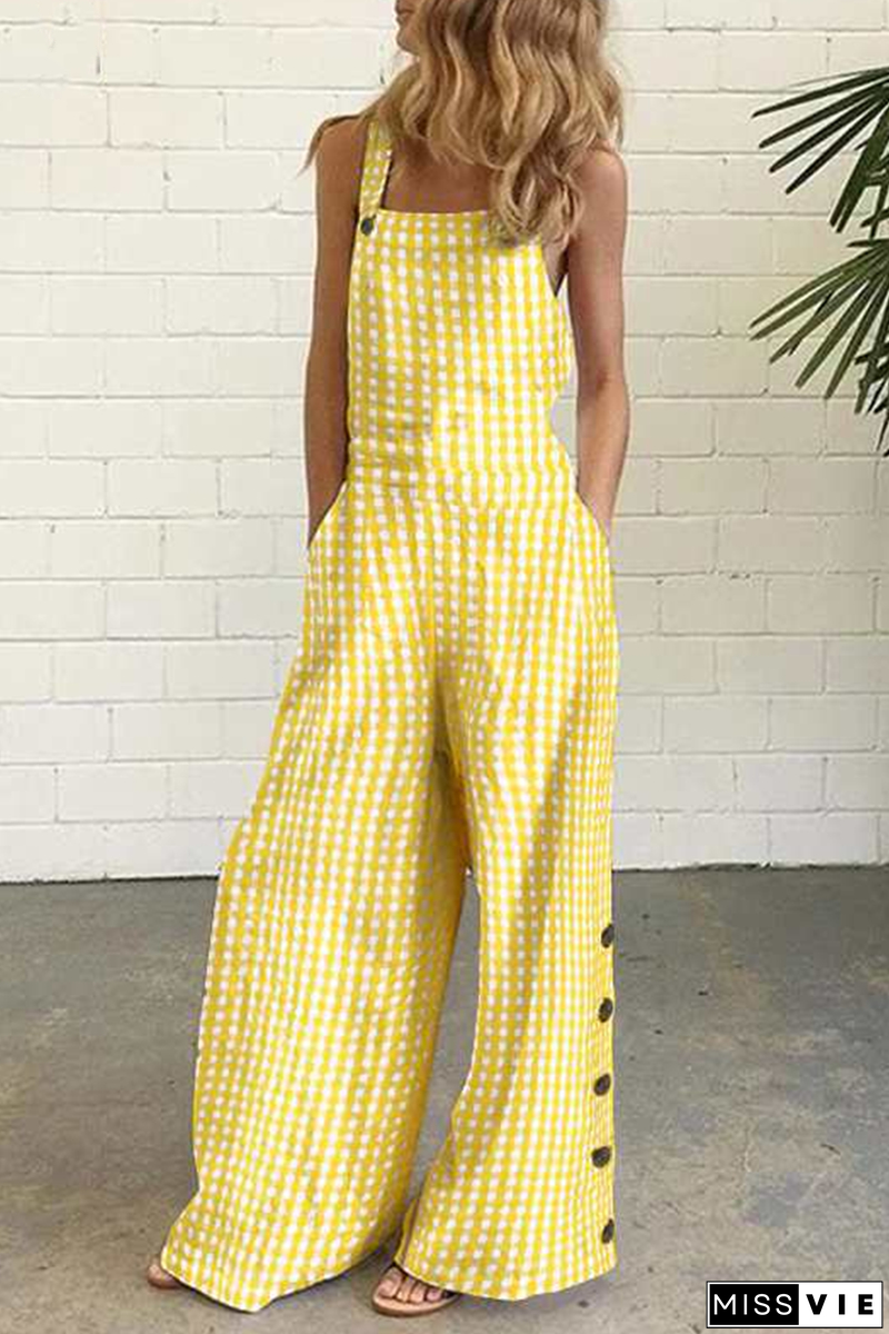 Casual Plaid Buttons Square Collar Straight Jumpsuits