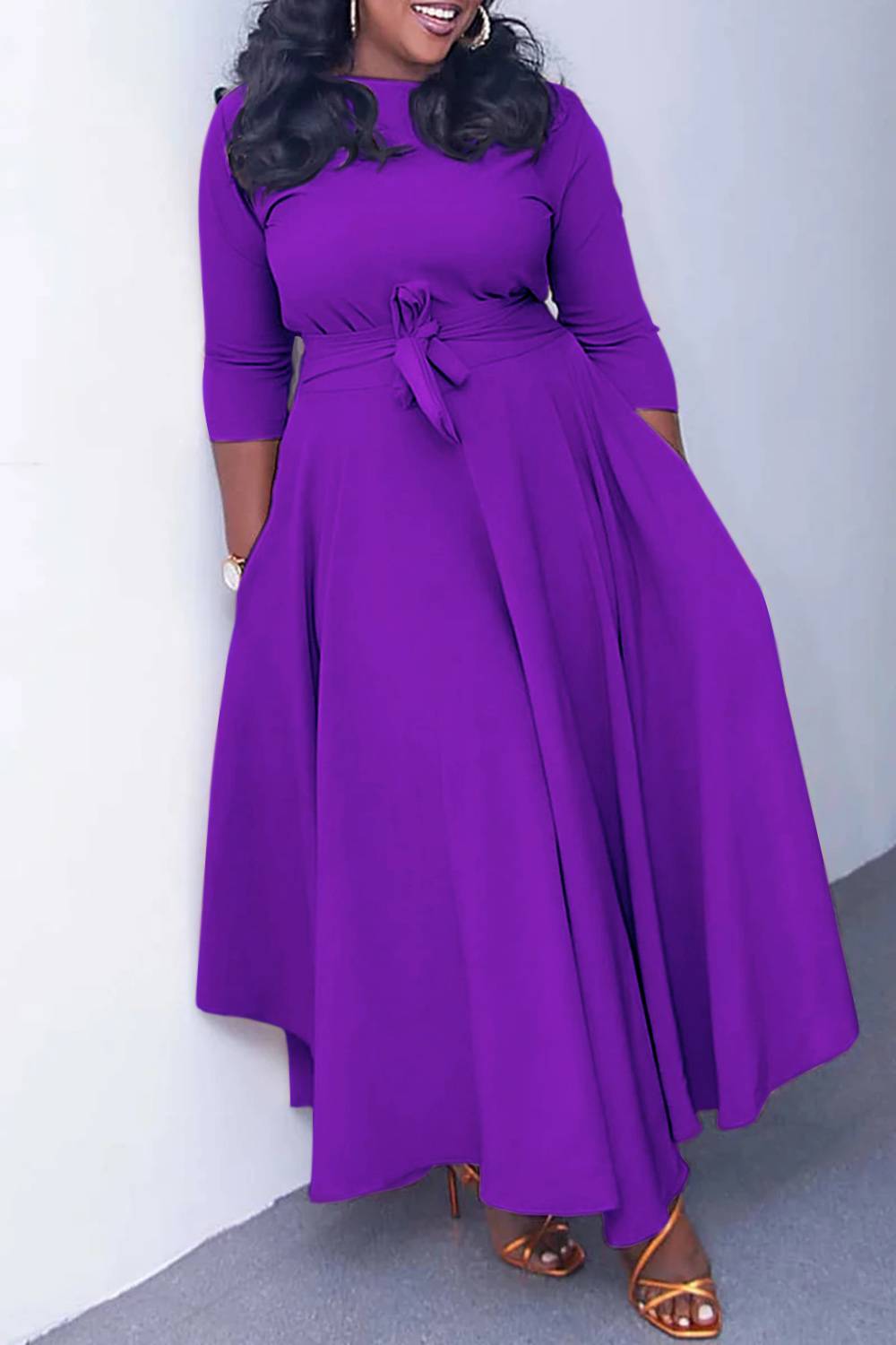 Plus Size Purple Casual Round Neck With Pocket Wrap Maxi Dress