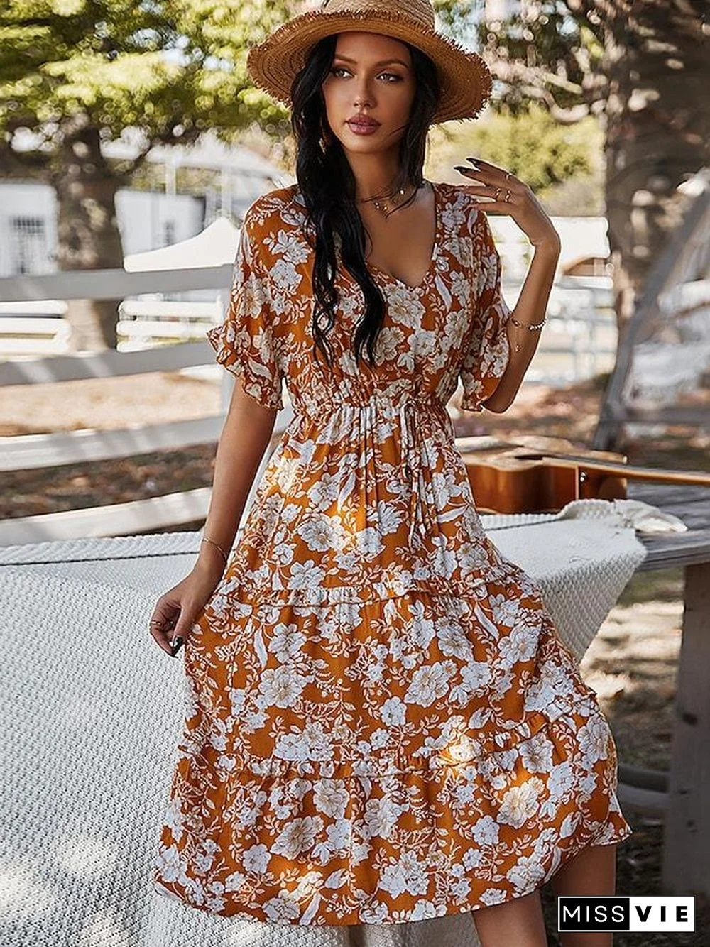 Women's Swing Dress Knee Length Dress Black Blushing Pink Orange Green Navy Blue Short Sleeve Floral Print Spring Summer V Neck Casual  S M L XL