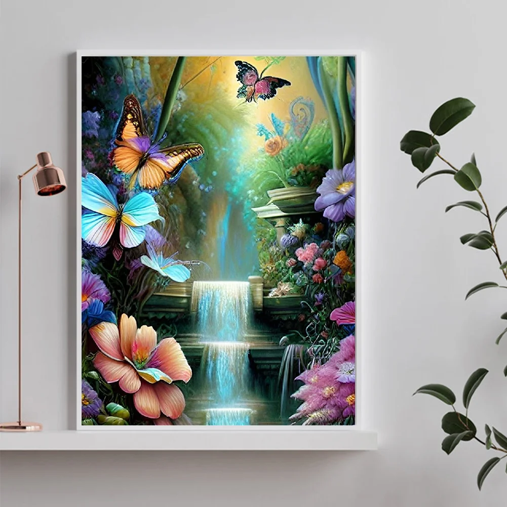 Diamond Painting - Full Round Drill - Flower Butterfly Waterfall(30*40cm)