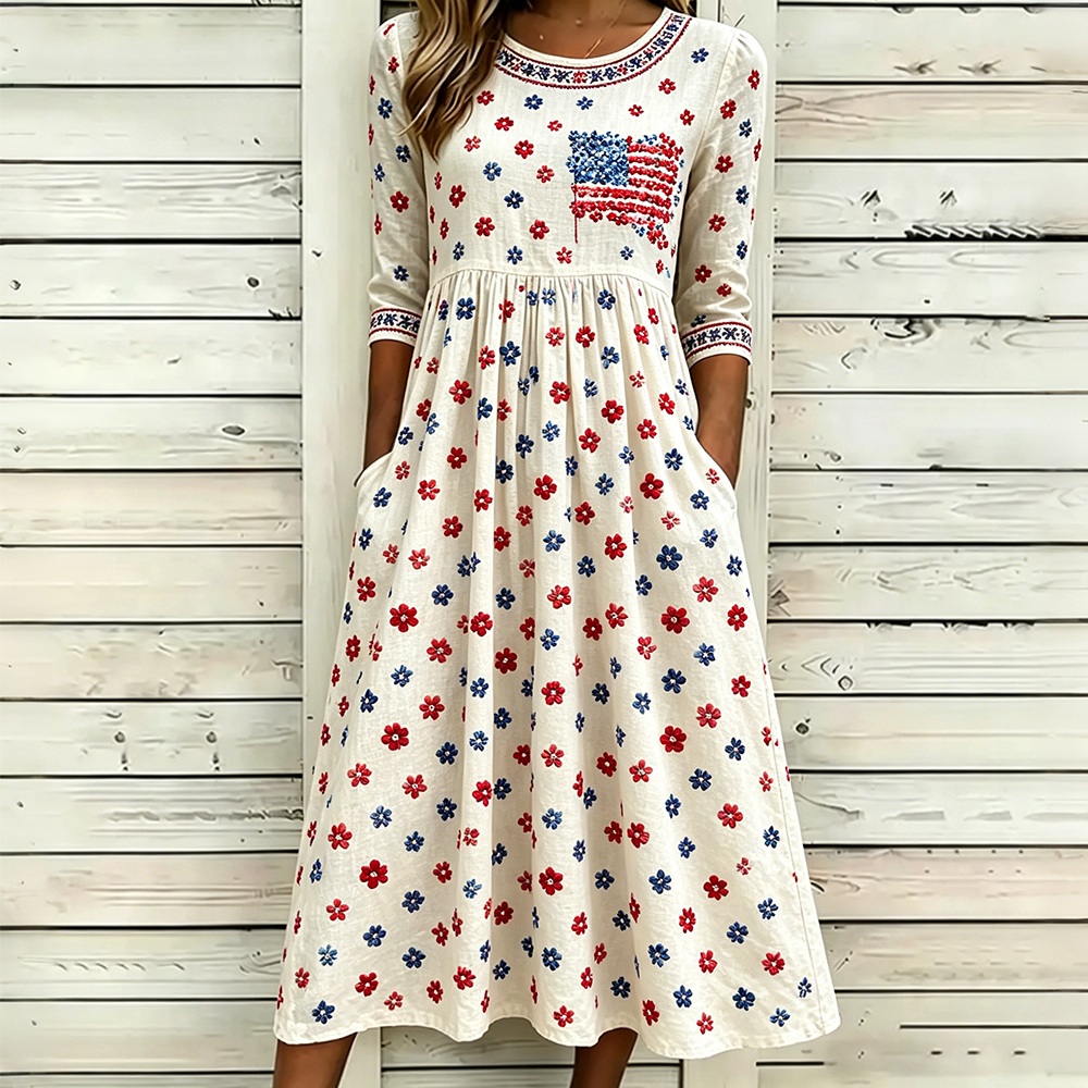  Vintage Floral American Flag Art Cozy Linen Maxi Dress Westsshops