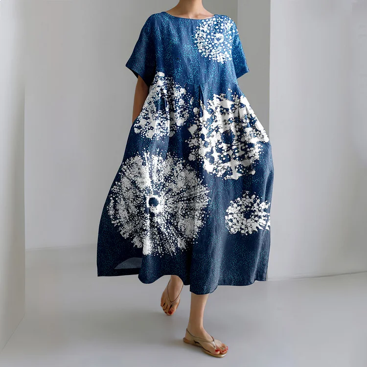 Japanese Ocean Art Print Short Sleeve Loose Midi Dress