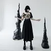 Design Square Collar Flower Printed Irregular Patchwork With Choker Pleated Short Sleeve Dress