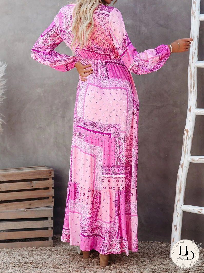 Dresses V-Neck Geometric Pattern Long Sleeve Dress for Women