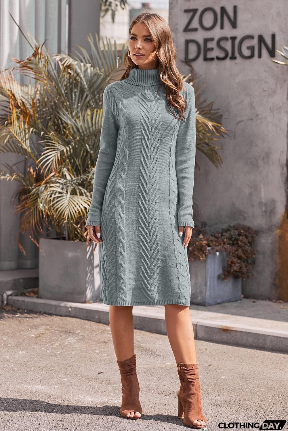 Winter Gray Hand Knitted High Neck Sweater Dress