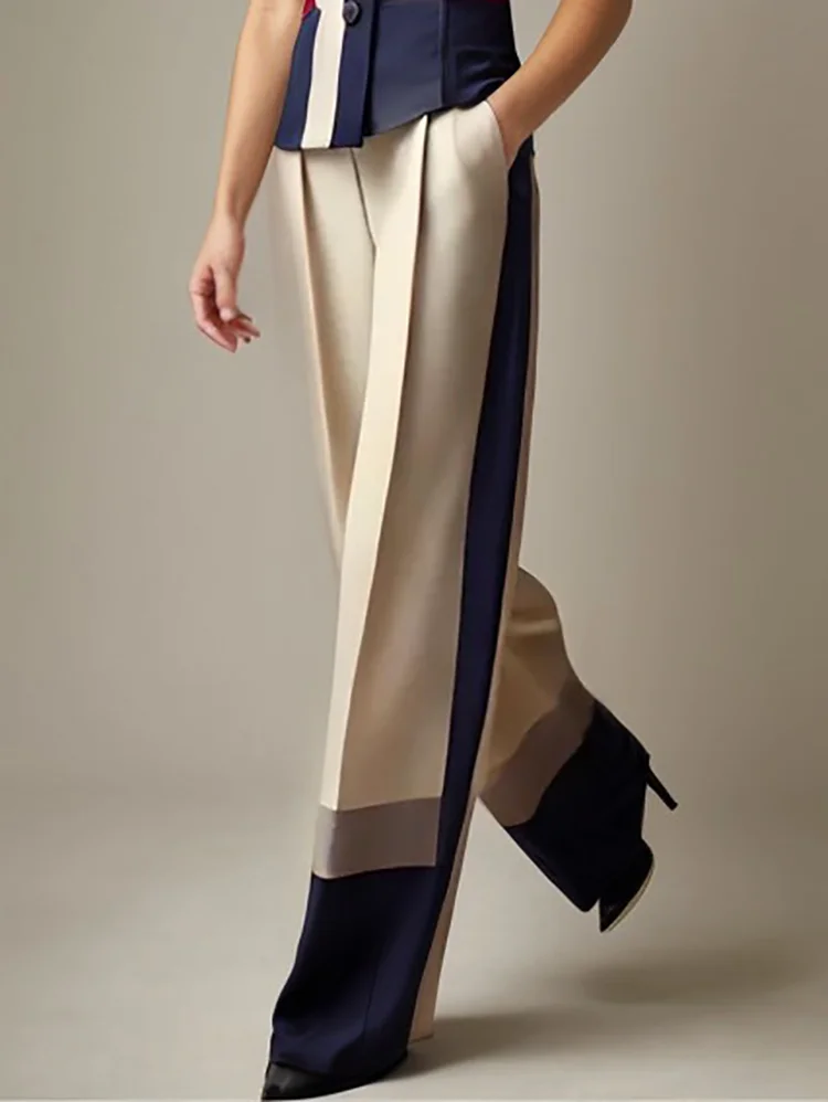 Contrast Color Elasticity Pockets High Waisted Loose Trousers Pants